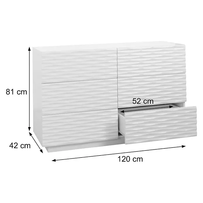 Mendler Kommode HWC-M52 81x120x42cm Hochglanz weiß -  - Weiße Hochglanz-Kommode mit 6 wellenförmigen Schubladen. Maße: 120x42x81 cm (BxTxH), Schubladentiefe 52 cm.