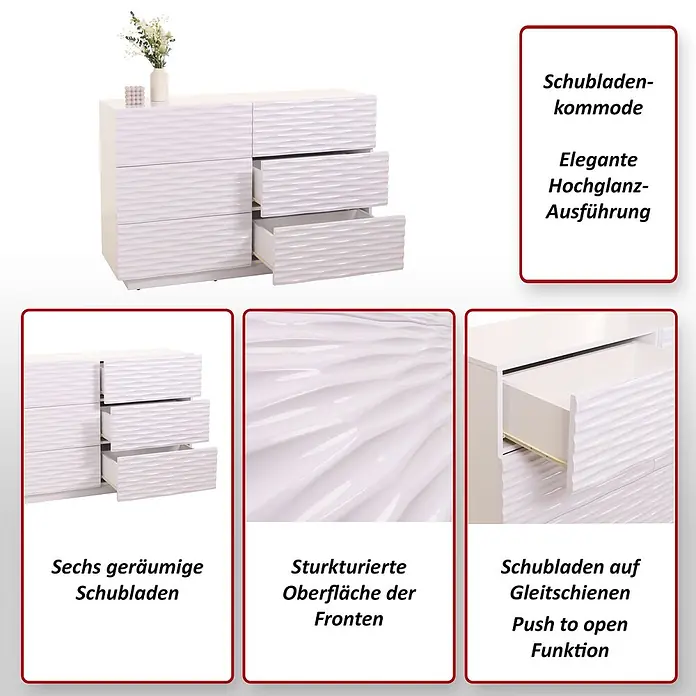 Mendler Kommode HWC-M52 81x120x42cm Hochglanz weiß -  - Weiße Hochglanz-Schubladenkommode mit sechs geräumigen Schubladen und strukturierter Front. Mit Push-to-open-Funktion.