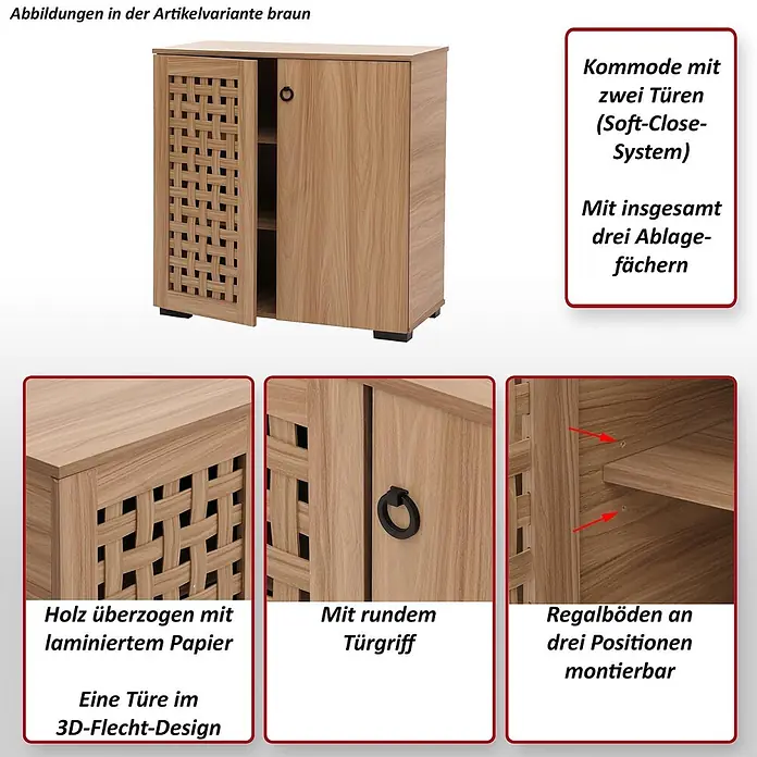 Mendler Kommode HWC-N87 82x80x37cm - weiß -  - Braune Holzkommode mit zwei Türen, Soft-Close-System, 3D-Flechttür, rundem Griff und verstellbaren Regalböden. Aus Holz mit laminiertem Papier.