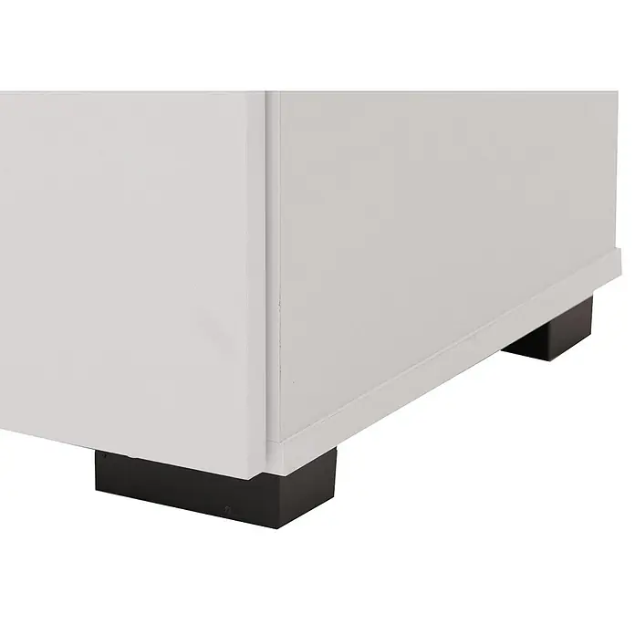 Mendler Kommode HWC-N87 82x80x37cm - weiß -  - Unterteil eines weißen Schranks mit dunklen, rechteckigen Füßen.