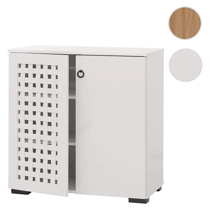 Mendler Kommode HWC-N87 82x80x37cm - weiß -  - Weißer Aufbewahrungsschrank mit zwei Türen, eine mit geflochtenem Gittermuster, die andere schlicht mit Ringgriff. Mit Holz- und Weiß-Muster.