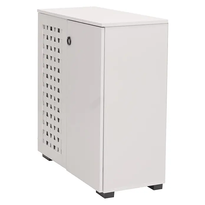 Mendler Kommode HWC-N87 82x80x37cm - weiß -  - Weißer Lagerschrank mit dekorativem Flechtmuster an einer Tür und einer schlichten weißen Tür, mit schwarzen Füßen.