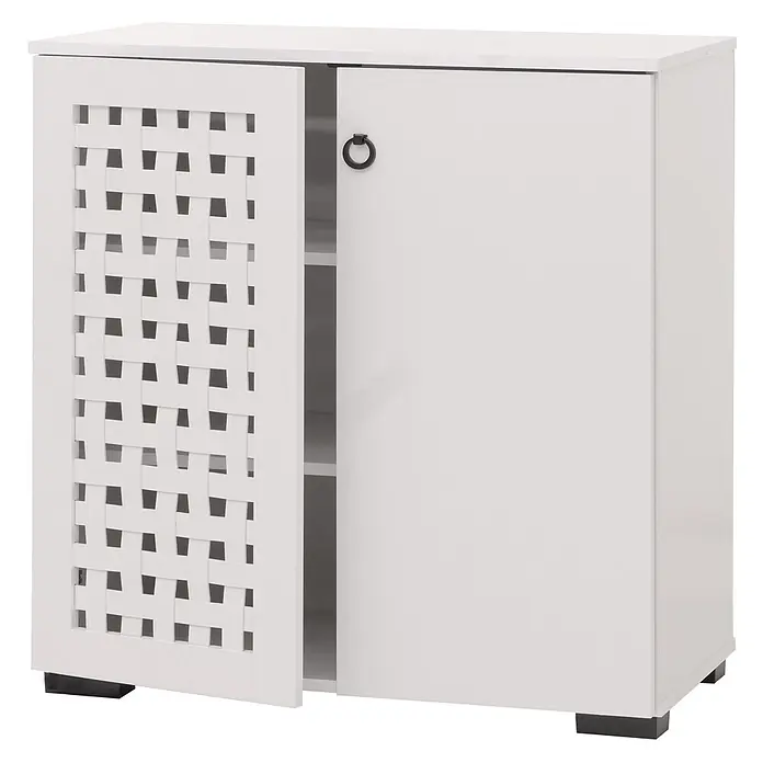 Mendler Kommode HWC-N87 82x80x37cm - weiß -  - Weißer Schrank mit geflochtener und glatter Tür, schwarzem Ringgriff und dunklen Füßen.