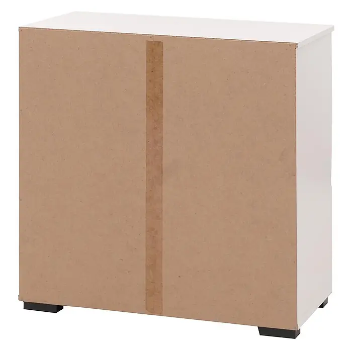 Mendler Kommode HWC-N87 82x80x37cm - weiß -  - Rückansicht eines weißen Schranks mit brauner Rückwand aus Spanplatte und schwarzen Füßen.