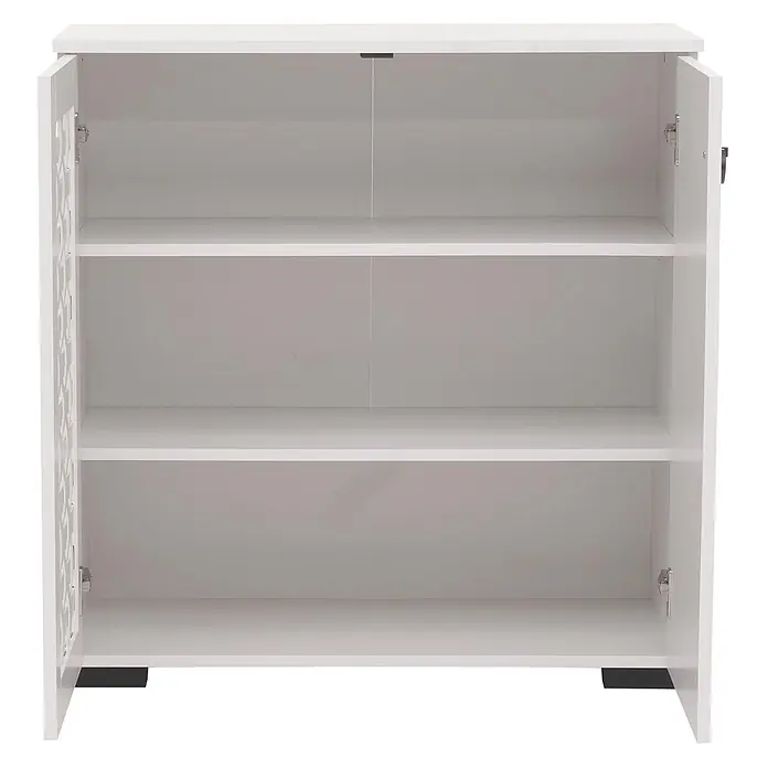 Mendler Kommode HWC-N87 82x80x37cm - weiß -  - Weißer Holzschrank mit zwei offenen Türen, drei Regalböden und dekorativem Türmuster.