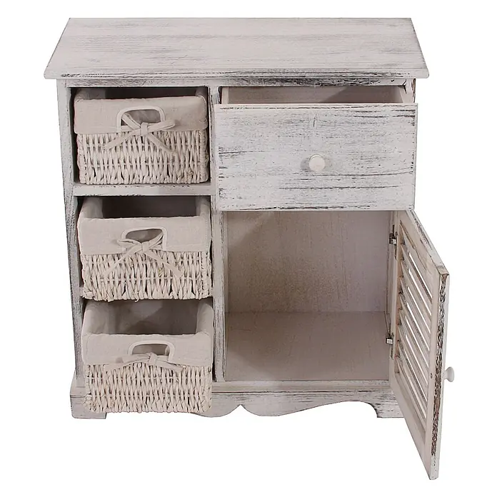 Mendler Kommode mit 3 Körben 63x60x30cm - weiß -  - Weißer Shabby-Chic-Holzschrank mit drei Weidenkörben, einer Schublade und offenem Lamellentürfach.