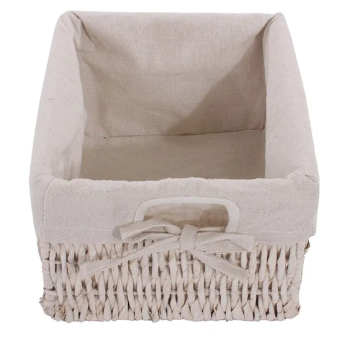 Mendler Kommode mit 3 Körben 63x60x30cm - weiß -  - Naturfarbener geflochtener Aufbewahrungskorb mit hellem Stofffutter und Dekoschleife.