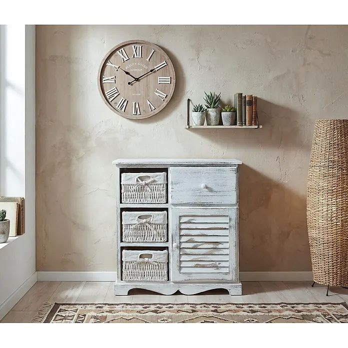 Mendler Kommode mit 3 Körben 63x60x30cm - weiß -  - Shabby-Chic-Aufbewahrungsschrank aus weißem Holz mit drei Weidenkörben, einer Schublade und einer Lamellentür.
