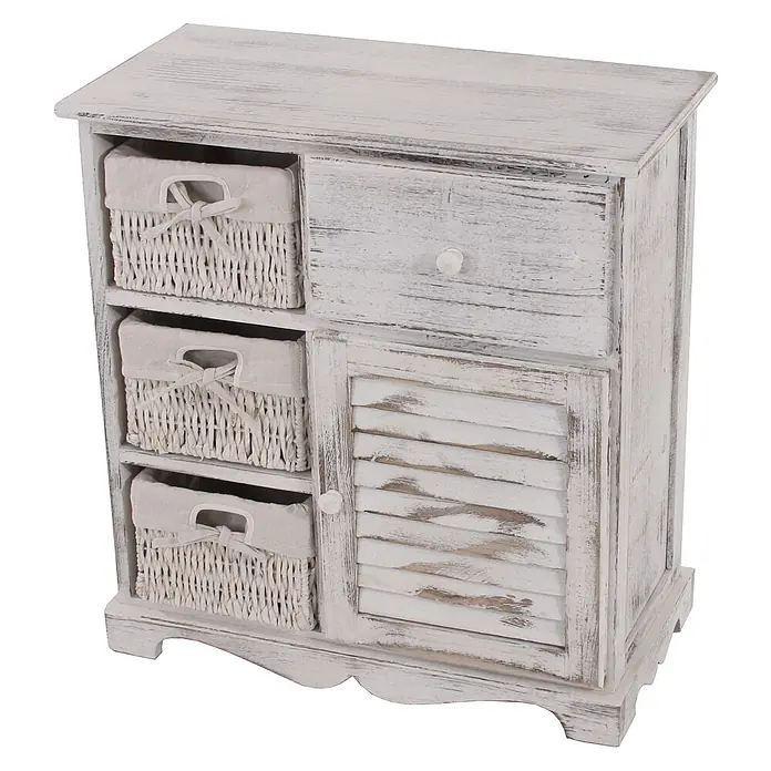 Mendler Kommode mit 3 Körben 63x60x30cm - weiß -  - Weißes Holzschränkchen im Shabby-Chic-Stil mit 3 Korbschubladen, 1 Schublade und 1 Lamellentür.