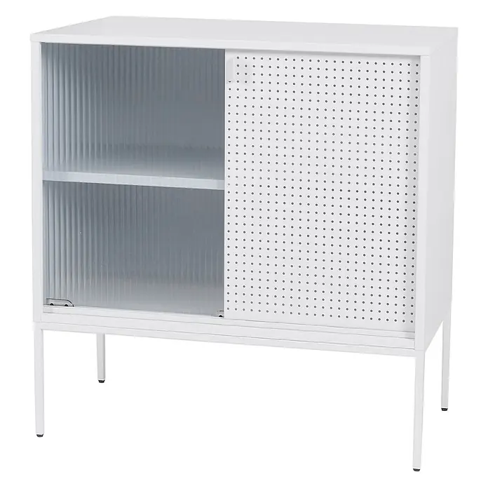 Mendler Kommode HWC-O90 85x80x45cm Metall - weiß -  - Weißer Schrank mit gerillter transluzenter Schiebetür und gelochter Schiebetür, mit Regal und Beinen.