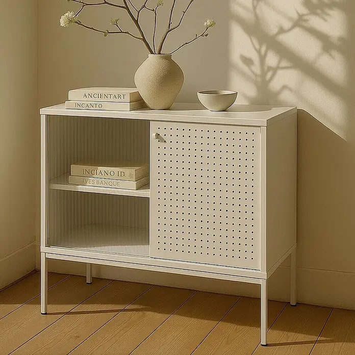 Mendler Kommode HWC-O90 85x80x45cm Metall - weiß -  - Helles beiges Metallschränkchen mit perforierter Tür und gerippter Glasscheibe, dekoriert mit Büchern und Vase.