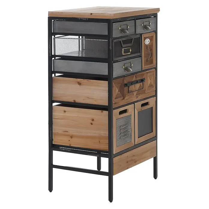 Mendler Apothekerkommode HWC-Q77, Schubladenmix, Holz Metall 85x45x35cm -  - Eklektischer Industrieschrank mit schwarzem Metallrahmen und verschiedenen Holzschubladen in Natur-, Grau- und dunklen Farbtönen, inklusive Gitter- und Kreidetafel-Elementen.