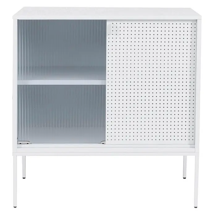 Mendler Kommode HWC-O90 85x80x45cm Metall - weiß -  - Weißer Schrank mit zwei Schiebetüren: eine geriffelt transparent, eine perforiert weiß. Mit Einlegeböden und Beinen.