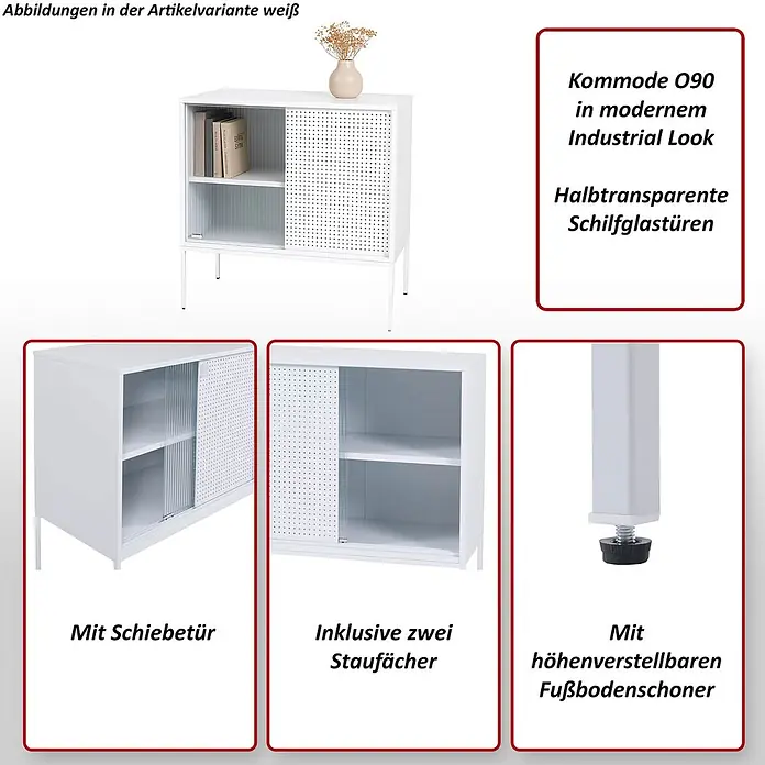 Mendler Kommode HWC-O90 85x80x45cm Metall - weiß -  - Weißes Metall Sideboard mit perforierter und geriffelter Glasschiebetür, zwei Staufächern und höhenverstellbaren Füßen.