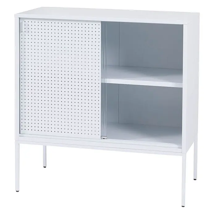 Mendler Kommode HWC-O90 85x80x45cm Metall - weiß -  - Weißer Schrank mit perforierten und klaren Schiebetüren, Innenfächern und Beinen.