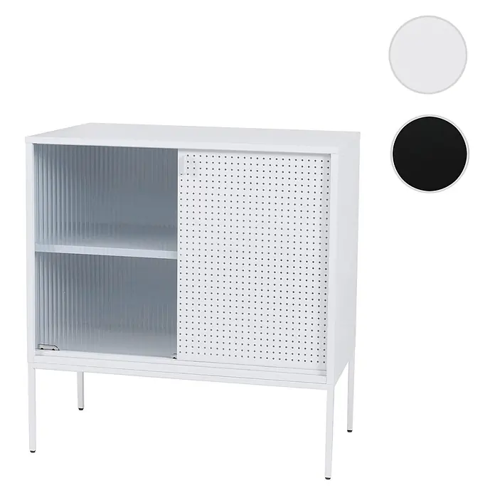 Mendler Kommode HWC-O90 85x80x45cm Metall - weiß -  - Weißer Schrank mit zwei Schiebetüren, einer geriffelten und einer perforierten, auf vier Beinen stehend.