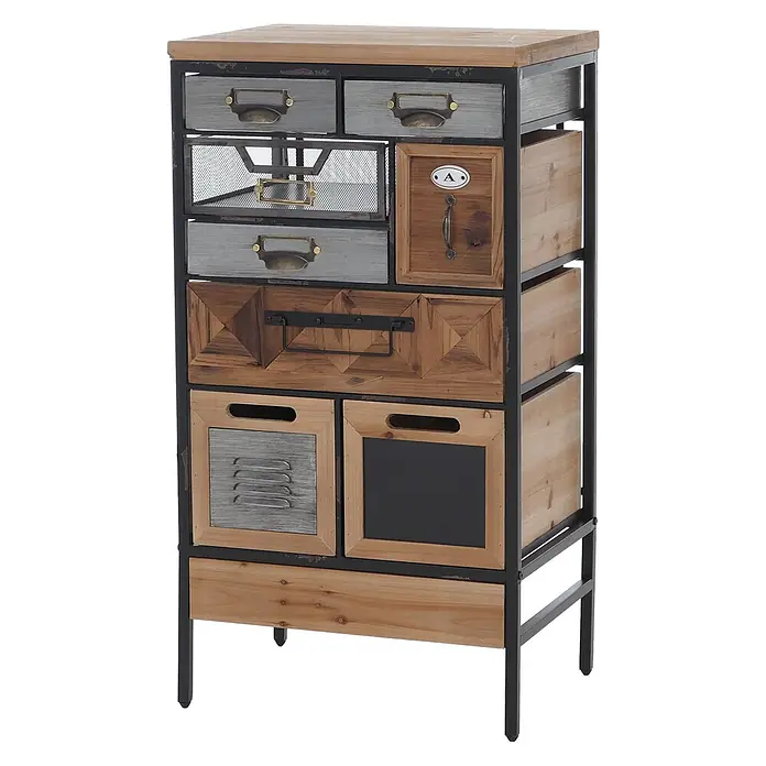 Mendler Apothekerkommode HWC-Q77, Schubladenmix, Holz Metall 85x45x35cm -  - Industrieller Mehrschubladenschrank mit schwarzem Metallgestell und verschiedenen Holzschubladen in Natur-, Grau- und Brauntönen, mit Netz und Tafelflächen.
