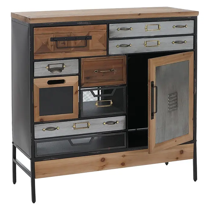 Mendler Apothekerkommode HWC-Q77, Kommode Industrial Holz Metall 85x84x35cm -  - Industrieschrank mit Holzplatte, schwarzem Metallrahmen, vielfältigen Schubladen aus Altholz, Metall und Gitter, eine Tür offen.