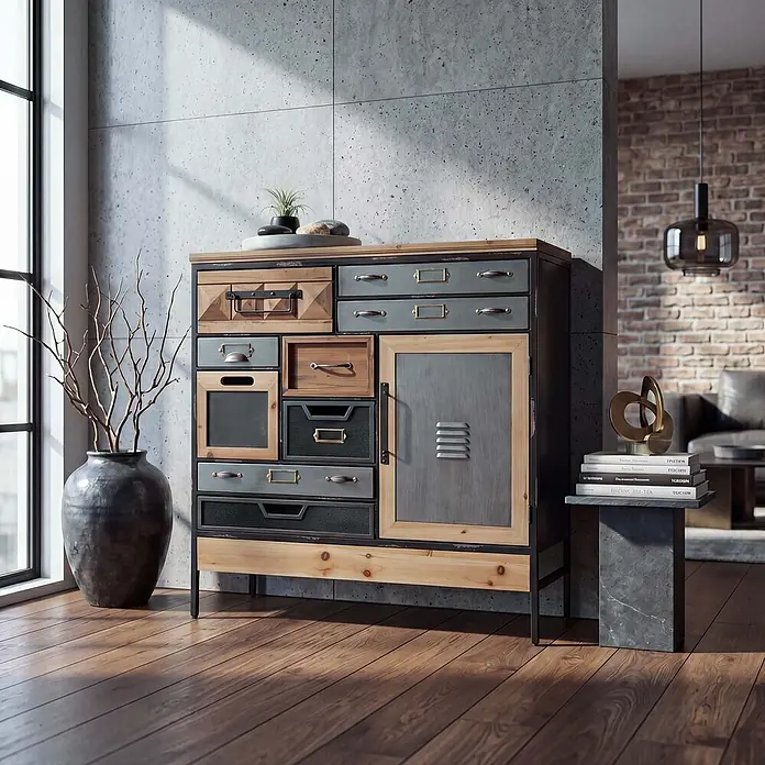 Mendler Apothekerkommode HWC-Q77, Kommode Industrial Holz Metall 85x84x35cm -  - Industrielles Multi-Material-Sideboard aus Holz und Metall, mit verschiedenen Schubladen und einer Tür, in modernem Wohnambiente.