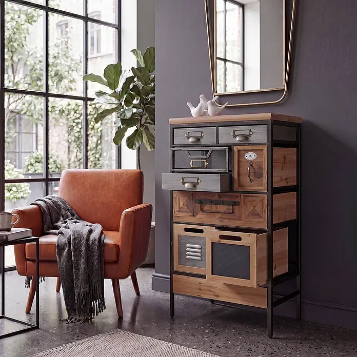Mendler Apothekerkommode HWC-Q77, Schubladenmix, Holz Metall 85x45x35cm -  - Mehrschubladenschrank aus Holz mit verschiedenen Fronten in Holz, Grau und Metall, als Stauraum im Wohnzimmer.