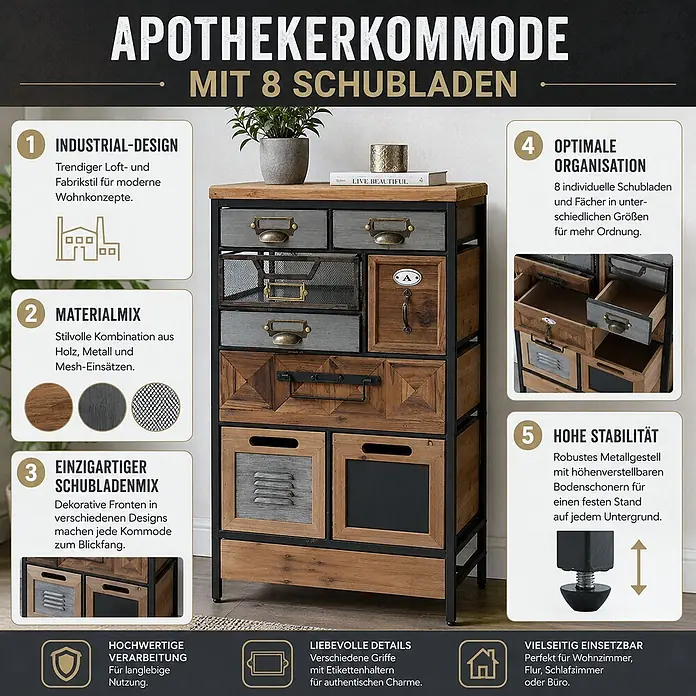Mendler Apothekerkommode HWC-Q77, Schubladenmix, Holz Metall 85x45x35cm -  - Apothekerkommode aus Holz und Metall mit 8 Schubladen in verschiedenen Designs.