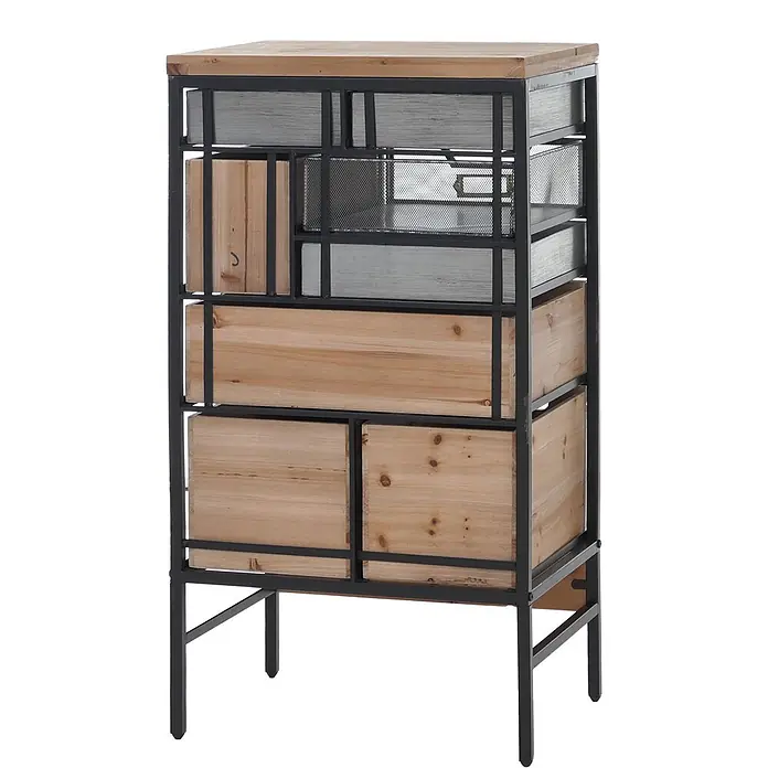 Mendler Apothekerkommode HWC-Q77, Schubladenmix, Holz Metall 85x45x35cm -  - Industrieller Schrank mit schwarzem Metallrahmen, Holzplatte und verschiedenen Fächern aus Naturholz, Wellblech und Gitterböden.