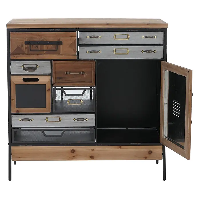 Mendler Apothekerkommode HWC-Q77, Kommode Industrial Holz Metall 85x84x35cm -  - Industrielle Mehrschubladenkommode aus Mischholz, Grau und Schwarzmetall, mit verschiedenen Schubladen, Gitterkörben und offener Schranktür.