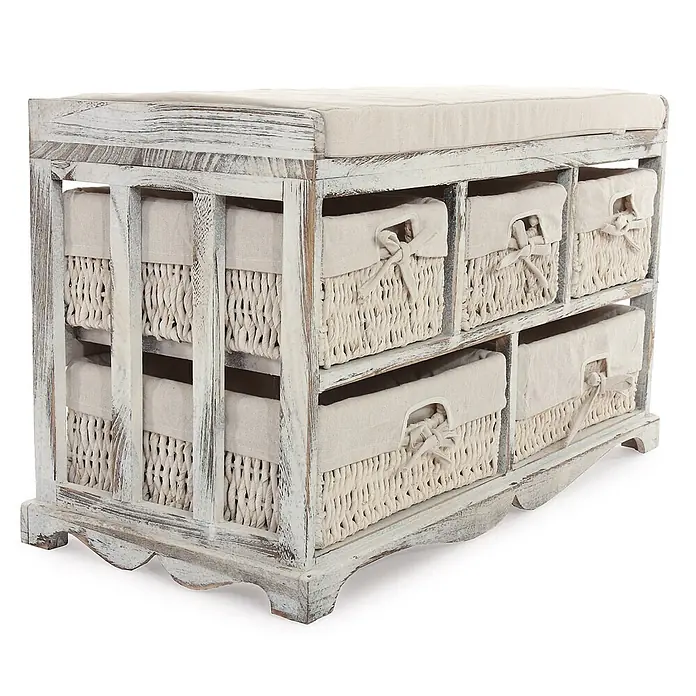 Mendler Kommode und Sitzbank mit 5 Schubladen, 45x77x36cm - weiß -  - Weiß lasierte Holzbank mit beigem Kissen und sechs geflochtenen Körben.