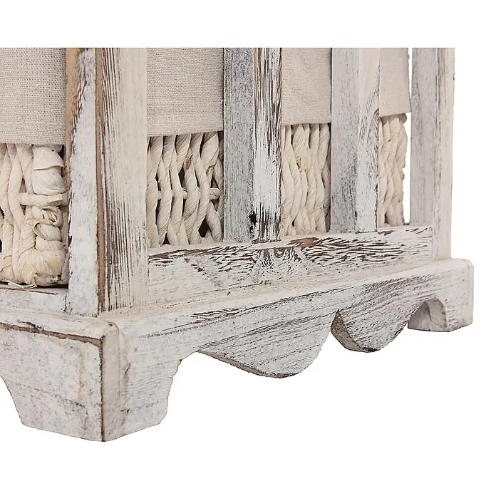 Mendler Kommode und Sitzbank mit 5 Schubladen, 45x77x36cm - weiß -  - Rustikales weiß getünchtes Holzmöbel mit geflochtenen Naturfasern und Stofffutter.