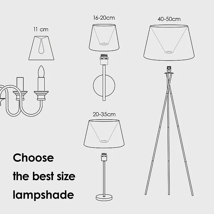 Home Sweet Home Lampenschirm Melrose - Ø x H: 35 x 19 cm, Hellgrau, Stoff, Rund - Illustration mit verschiedenen Lampen (Kronleuchter, Wand, Tisch, Steh) und empfohlenen Lampenschirmgrößen (11-50 cm).