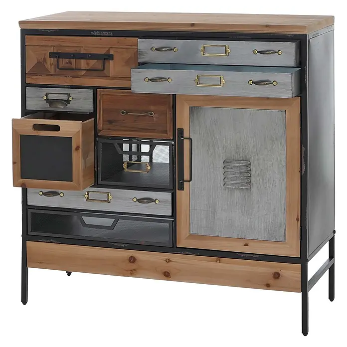 Mendler Apothekerkommode HWC-Q77, Kommode Industrial Holz Metall 85x84x35cm -  - Industrieller Mehrschubladenschrank aus Altholz, Metall und Gitter, mit verschiedenen Griffen und einer Metalltür.