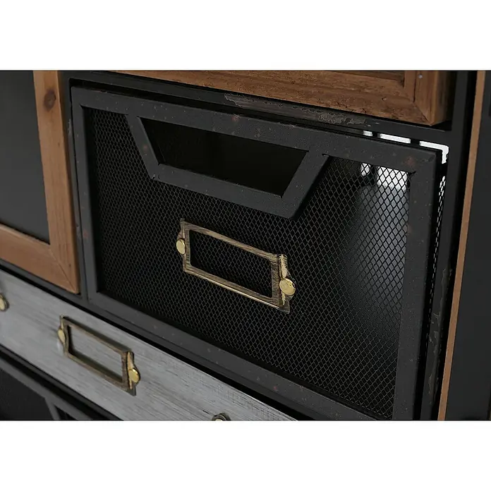 Mendler Apothekerkommode HWC-Q77, Kommode Industrial Holz Metall 85x84x35cm -  - Schublade im Industriestil mit schwarzer Metallgitterfront, patiniertem dunklem Metallrahmen und messingfarbenem Etikettenhalter.