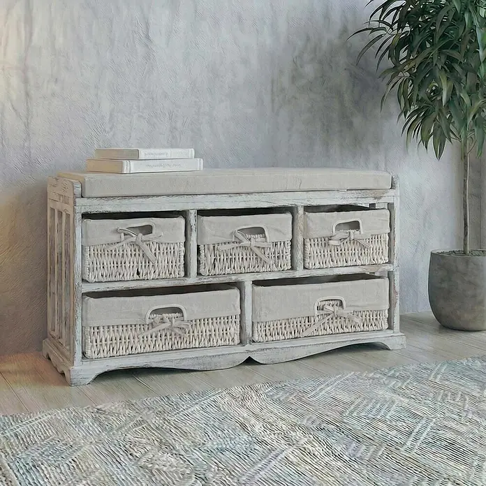 Mendler Kommode und Sitzbank mit 5 Schubladen, 45x77x36cm - weiß -  - Antikweiße Holzbank mit Sitzkissen und fünf weißen Korbfächern mit hellen Stoffeinlagen.