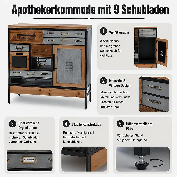 Mendler Apothekerkommode HWC-Q77, Kommode Industrial Holz Metall 85x84x35cm -  - Industrielle Apothekerkommode aus Tannenholz und Metall, mit 9 Schubladen, einem Schrankfach und höhenverstellbaren Füßen.