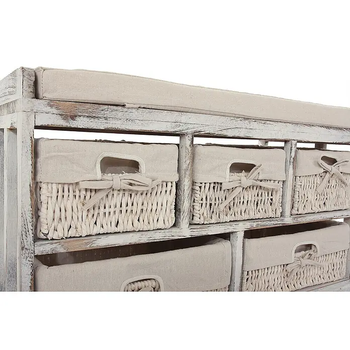 Mendler Kommode und Sitzbank mit 5 Schubladen, 45x77x36cm - weiß -  - Shabby-Chic Holzbank mit beigem Kissen und weißen Korbschubladen mit Stoffeinlagen und Schleifen.