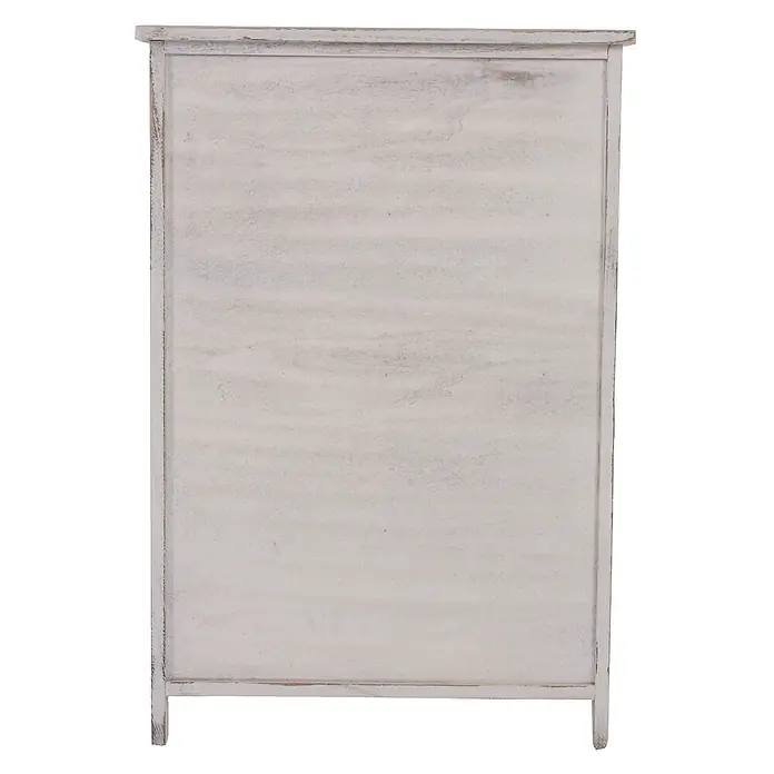 Mendler Kommode HWC-D12 Shabby-Look Vintage 82x55x30cm - weiß -  - Rückseite eines schabby-weißen Holzschranks mit verwitterter Oberfläche.