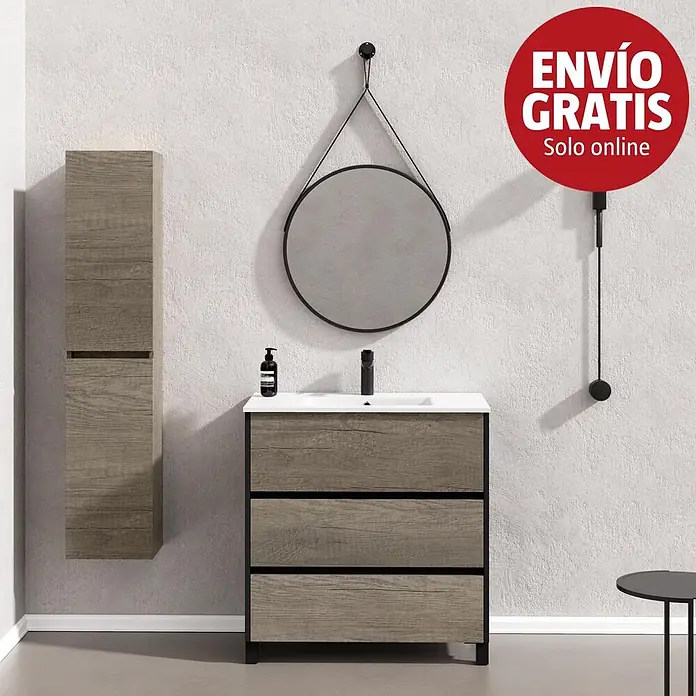 Artysan Conjunto de mueble de baño Africa - Ancho: 80 cm, 3 pzs., Nebraska, Mate - Mueble de baño rústico efecto madera con marco negro, lavabo blanco y armario alto a juego.