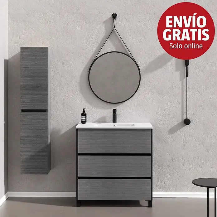 Artysan Conjunto de mueble de baño Africa - Ancho: 80 cm, 3 pzs., Ceniza, Mate - Conjunto de baño gris con textura de madera: mueble de lavabo, columna de almacenaje y espejo redondo negro.