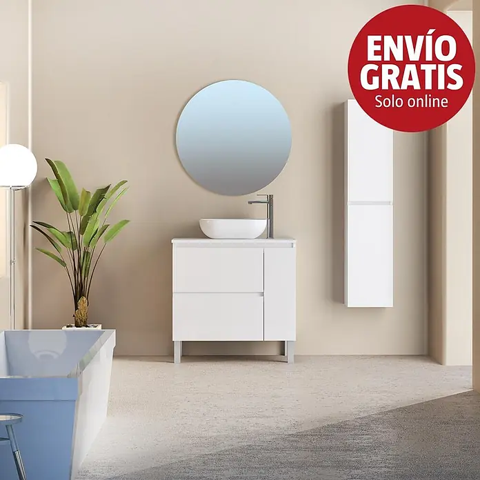 Artysan Conjunto de mueble de baño Oval - Ancho: 80 cm, Blanco, 4 pzs. - Mueble de baño moderno blanco con lavabo sobre encimera, espejo redondo y armario alto en un baño.