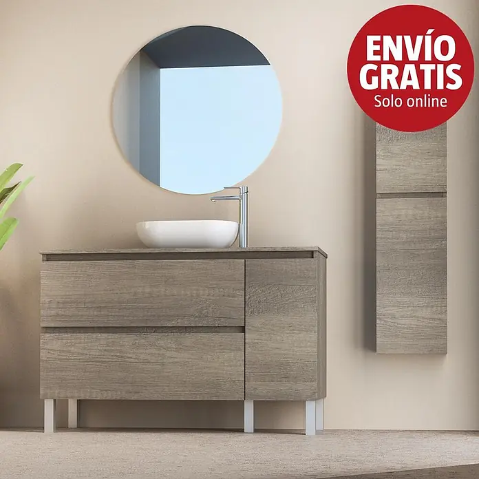 Artysan Conjunto de mueble de baño Oval - Ancho: 120 cm, Nebraska, 4 pzs. - Mueble de baño efecto madera clara con lavabo sobre encimera, espejo y columna a juego.