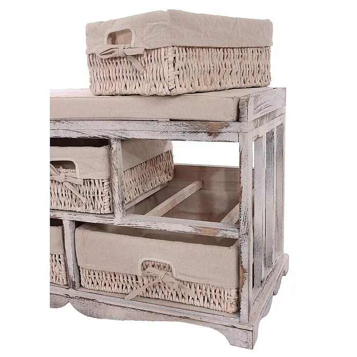 Mendler Kommode und Sitzbank mit 5 Schubladen, 45x77x36cm - weiß -  - Shabby Chic weiße Holzbank mit beigen Korbschubladen und Auflage.