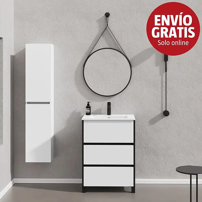 Artysan Conjunto de mueble de baño Africa - Ancho: 60 cm, 3 pzs., Blanco, Mate - Conjunto de muebles de baño blanco y negro con mueble de tres cajones con lavabo, columna alta y espejo redondo colgante.