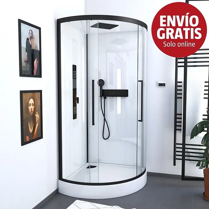 Aurlane Cabina de ducha completa redonda Urban 2 - 90 x 90 x 215 cm, Blanco/Negro - Cabina de ducha curva con marco negro y sistema de ducha negro integrado en un baño moderno.