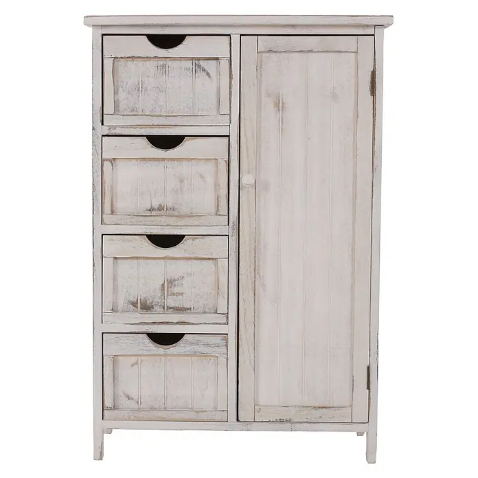 Mendler Kommode HWC-D12 Shabby-Look Vintage 82x55x30cm - weiß -  - Weiß getünchter Holzschrank mit vier Schubladen und einer Tür.