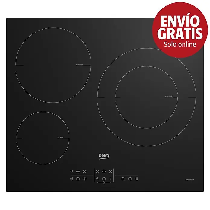 Beko Placa de cocción HIIS63206M - L x An: 51 x 58 cm, Número de fogones de inducción: 3 ud. - Placa de inducción Beko negra con cuatro zonas de cocción, controles táctiles integrados y funciones booster.