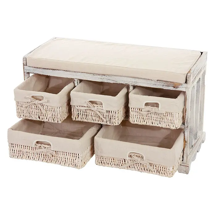 Mendler Kommode und Sitzbank mit 5 Schubladen, 45x77x36cm - weiß -  - Shabby-Chic-Sitzbank aus weißem Holz mit beigem Kissen und fünf geflochtenen Weidenkörben mit Stoffeinlagen.