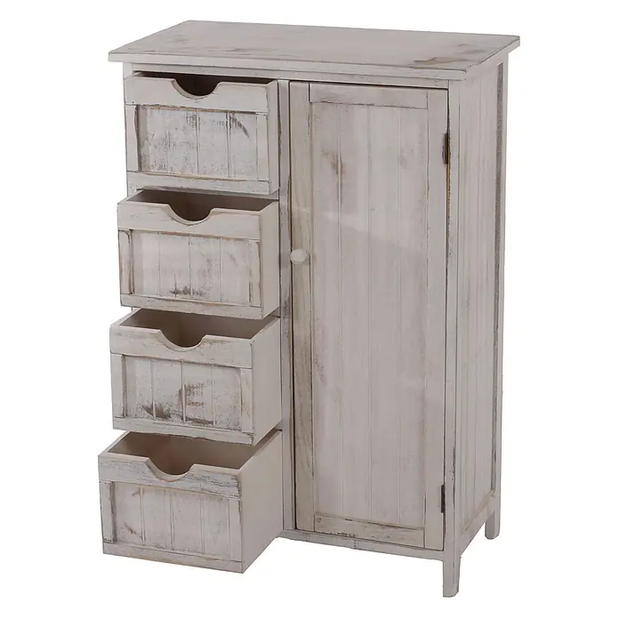 Mendler Kommode HWC-D12 Shabby-Look Vintage 82x55x30cm - weiß -  - Rustikaler weißer Holzschrank mit vier Schubladen und einer Tür.