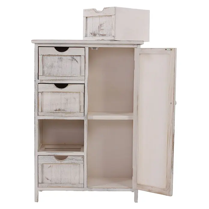 Mendler Kommode HWC-D12 Shabby-Look Vintage 82x55x30cm - weiß -  - Weißer Holzschrank im Shabby-Chic-Stil mit Schubladen, Regalen, einer Tür und einer passenden oberen Box.