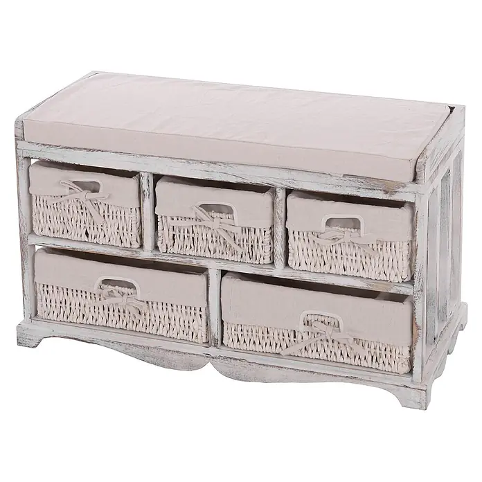 Mendler Kommode und Sitzbank mit 5 Schubladen, 45x77x36cm - weiß -  - Aufbewahrungsbank aus distressed weißem Holz mit beigem Kissen und fünf geflochtenen Körben mit Stoffeinsätzen und Schleifen.