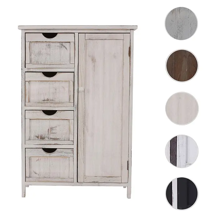 Mendler Kommode HWC-D12 Shabby-Look Vintage 82x55x30cm - weiß -  - Rustikales, weiß gekalktes Holzschränkchen mit vier Schubladen und einer Tür. Farboptionen angezeigt.